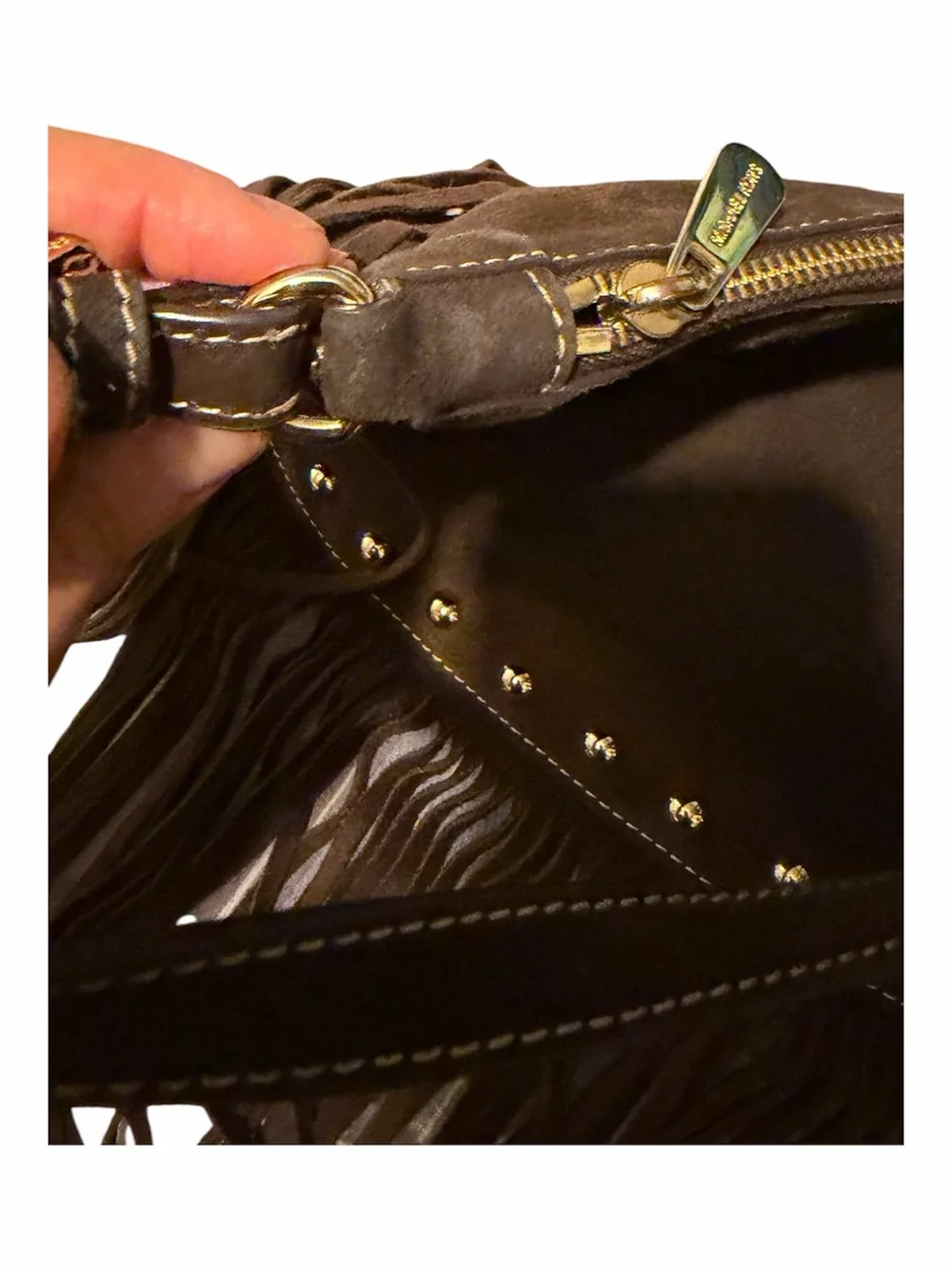 Michael Kors Brown Suede Fringe Crossbody with Gold MK Charm